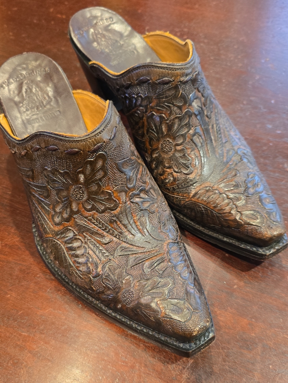 Old Gringo Brown Hand-Tooled Floral Leather Mules